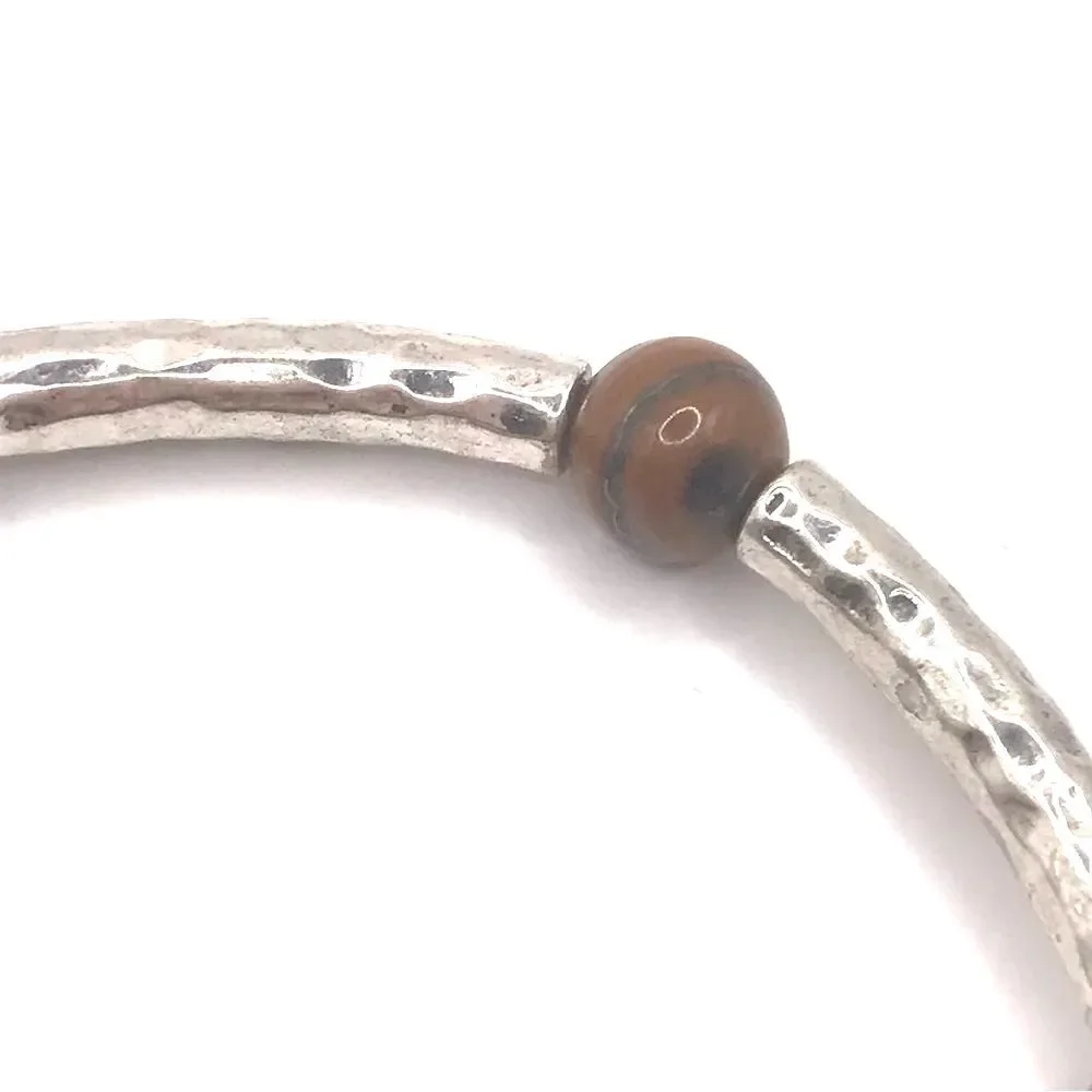 Silver Hammered and Tigers Eye Beaded  Stretch Bracelet
